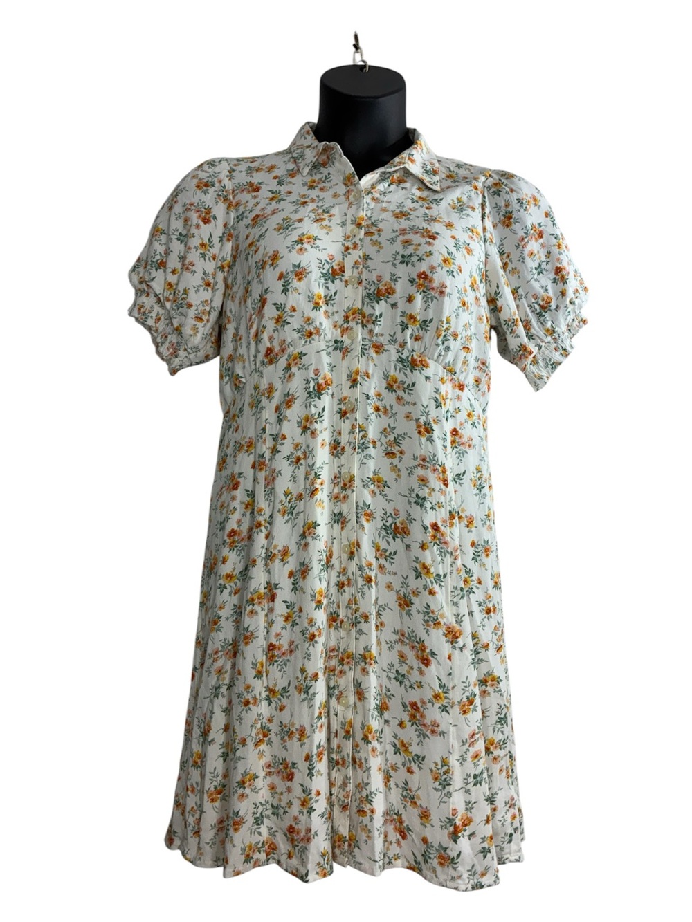 American Eagle Outfitters White Floral Button Front Dress with Yellow Print